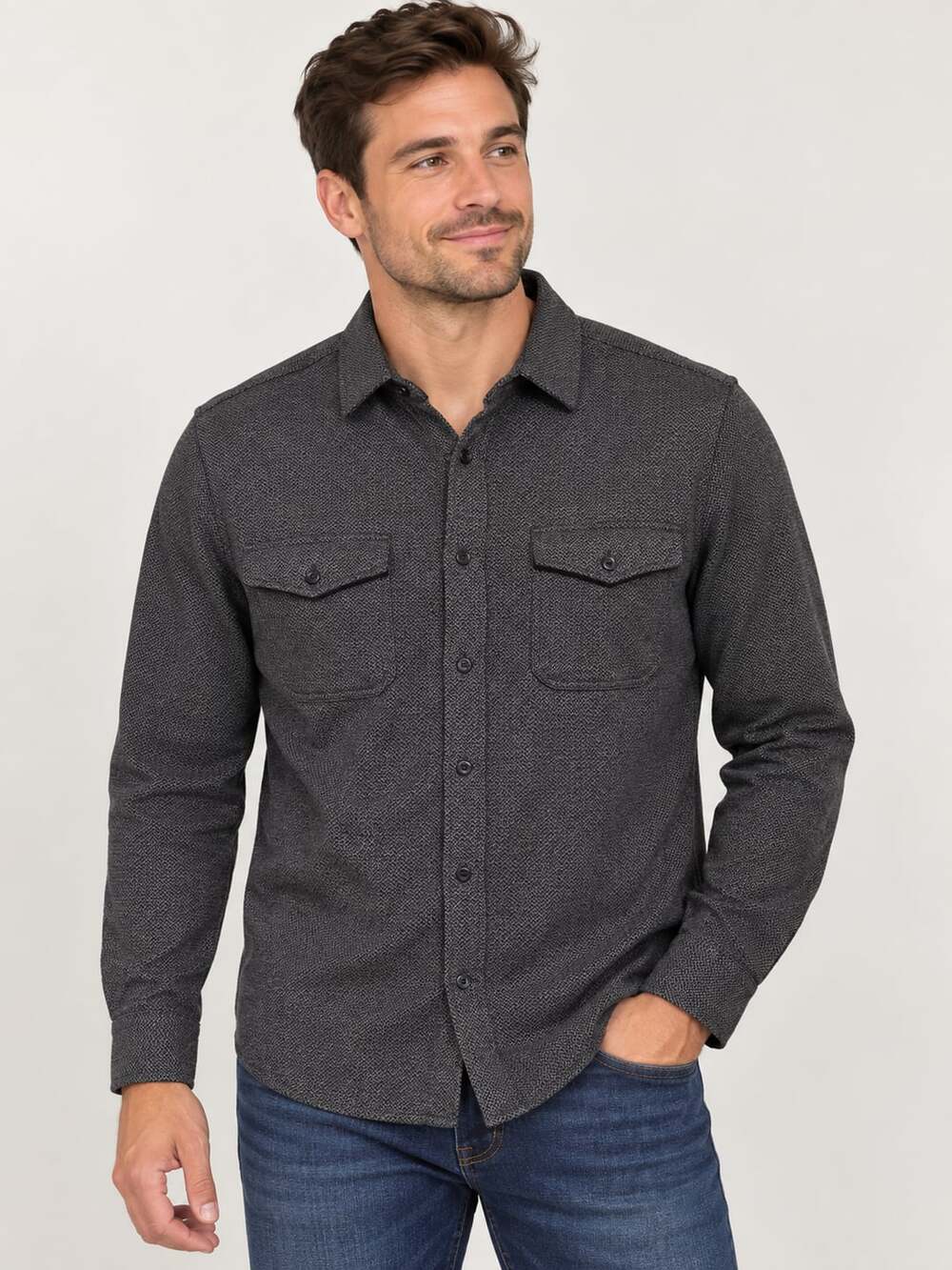 Express Herringbone Button Down Shirt Size L Gray Long Sleeve Pocket Casual